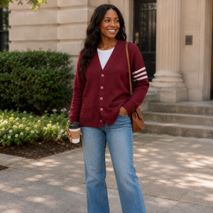 Cardigan con Scollo a V Grigio a Righe <span class=keywords><strong>Bordeaux</strong></span> con Logo Personalizzato, Maniche Lunghe, Colore Unito, in <span class=keywords><strong>Maglia</strong></span> Acrilica, per <span class=keywords><strong>Donna</strong></span>, Autunno Inverno - Product Image 4
