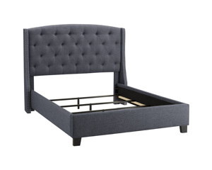 Lit moderne King Size capitonné avec rangement, capitonnage boutonné et clous décoratifs, en tissu gris et bois, mobilier de chambre - Product Image 4