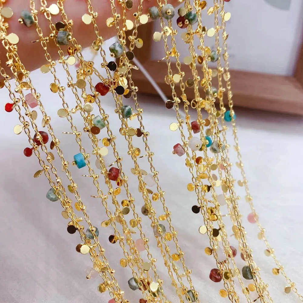 Rollo de cadena de cuentas de perlas y cristal colorido chapado en oro de 18 quilates personalizado para la fabricación de joyas Diy pulsera collar joyería cadena suelta
