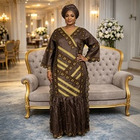 Robes africaines pour femmes H&D FY06, nouveau design, broderie Bazin Riche, longue robe avec foulard, robes décontractées à col en V