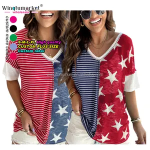 Wholesale Summer tee tops v neck patchwork Independence Day stars stripes waffle knit t-shirt american flag united usa t shirts
