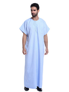 Tuta Lunga Estiva da <span class=keywords><strong>Uomo</strong></span> Musulmano Arabo in Poliestere Morbido Tinta Unita con Ricamo Frontale a Maniche Corte e Scollo a O, Vestibilità Ampia, per Commercio all'Ingrosso - Product Image 2