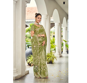Luxury <b>Satin</b> <b>Saree</b> With Intricate Beadwork Soft Flowing Drape Designer Ethnic Party Wear For Engagement Festival Events - Product Image 1