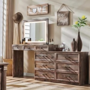 Coiffeuse de maquillage de ferme moderne avec miroir et lumière réglable Comptoir en verre encastré pour chambre à coucher - Product Image 1