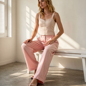 Women 2 Piece <b>Linen</b> Beige Crop <b>Top</b> Pink Wide Leg Pants Loose Fit Casual Spring Summer Outfit - Product Image 3