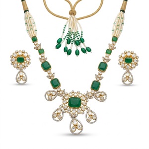 Ensemble de collier en argent 925 royal avec émeraude, bijoux de mariée de créateur, collier de perles traditionnel avec boucles d'oreilles pour femmes - Product Image 1
