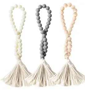 Wood Beads Garland With Tassels Farmhouse Rustic Natural Wooden Bead String Wall Hanging