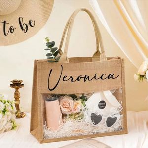 Personalized Name Transparent Fashionable Jute Shopping Tote <b>Bag</b> Handmade Bridesmaid Proposal <b>Gift</b> with Letter Pattern - Product Image 3