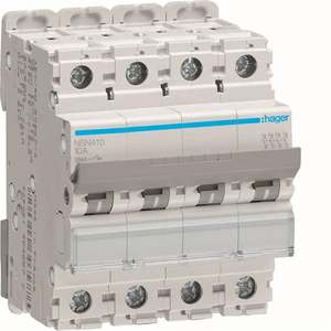 NSN410 ปรับแต่งได้ด้วยเซอร์กิตเบรกเกอร์ขนาดเล็ก Hagers 25kA 4P ค่าความโค้ง D 10A 4M - Product Image 1