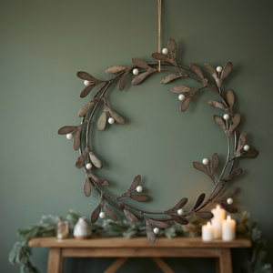 Corona de Hojas Metálicas Rústicas Hechas a Mano, Flores Decorativas Redondas, Adorno Navideño para Pared, Sin Luces, Paquete Individual - Product Image 3