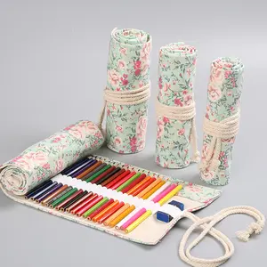 Canvas Floral Roll Color Sketch Pencil Cases with A Rope Tie Wholesale MultI Holes Pens Storage Bags