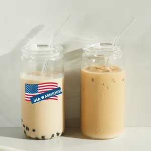 Usa Warehouse Clear 16oz 20oz Drinking Coffee Soda Beer Can Shaped Glass Cans Cups with PP Plastic Acrylic Lid and Glass Straw