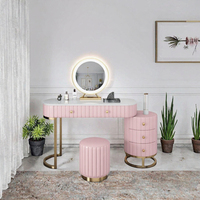 Meuble de chambre à coucher moderne de luxe rose en pin massif, coiffeuse avec miroir et éclairage – Offre spéciale