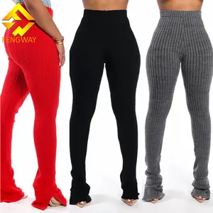 2023 Nieuwe Herfst Effen Kleur Pit Gestreepte Gebreide Broek Dames Hoge Taille Broek Stretch Gestapelde Flare Broek