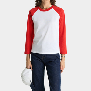 Camiseta de <span class=keywords><strong>Manga</strong></span> Tres Cuartos Raglán de Marca Propia, Cuerpo Blanco con Mangas Rojas, Ligera, Transpirable, de Algodón, para <span class=keywords><strong>Mujer</strong></span> - Product Image 1