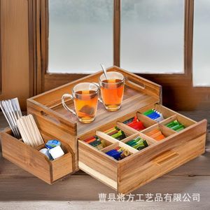 Acacia Wood <b>Tea</b> Bag <b>Box</b> Multi Functional Drawer Storage Organizer Natural Color Rectangle Tabletop Mount - Product Image 1