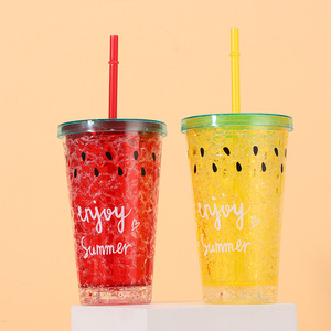Trendy 450ml Red Yellow Clear Three Shades Watermelon Design Double Wall <b>Plastic</b> Straw Cup with Green Rim Lid for Kawaii Girls - Product Image 1