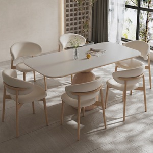 Juego de mesa y sillas de comedor de 6 piezas, madera maciza blanca mate, estilo nórdico minimalista para comedor - Product Image 1