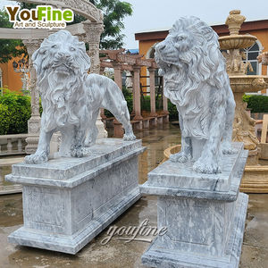 Giardino a grandezza naturale in marmo pietra scolpita statue di leone con palla - Product Image 6