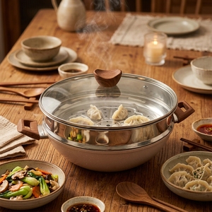 Sartén Profunda Antiadherente de Aleación de Aluminio y Cerámica, <span class=keywords><strong>Wok</strong></span>, Olla Grande <span class=keywords><strong>para</strong></span> Cocinar, con Mango con Diseño de Madera y Vaporera - Product Image 2