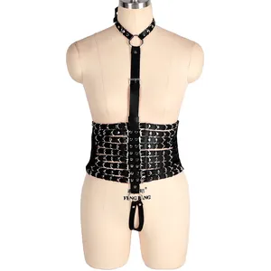 Punk Body Bondage Goth Bh Slip Verstelbare Borstbandjes Kooi Kuisheid Slipje Bretels Gesp Top Lederen Harnas Riem