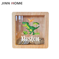 Tirelire en bois et en verre au design de dinosaure mignon avec motifs pour l'épargne des enfants et la décoration de la maison