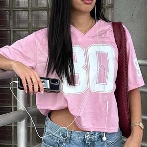 T-shirt pour femme RUICHI, style streetwear américain, imprimé lettres, col en V, coupe ample décontractée, basique - Product Image 3