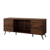 OEM Retro Walnuss TV-Möbel MDF-Platte Zweiseitiges Schrankchen Mittlere Glasschicht Kabelloch Schwarze Metallfüße Wohnzimmer Aufbewahrungsschrank