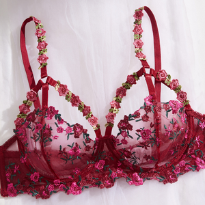 Wholesale Floral Embroidery Lingerie <b>Set</b> <b>Sexy</b> Sheer Mesh Underwire Bra and Thong Panties <b>Set</b> 2 Piece Lace Underwear <b>Set</b> OEM ODM - Product Image 5