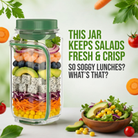 Saladepot met opdrukbaar logo, zijdelings te openen, met lekvrij dressingcompartiment, draagbaar, voor lunch, reizen en buitengebruik.