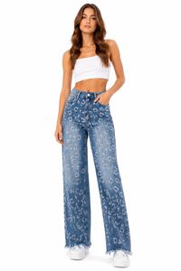 Jeans da Donna a Vita Alta e Gamba Larga con Stampa Paisley, Blu Stonewashed a Tutta Lunghezza - Product Image 3