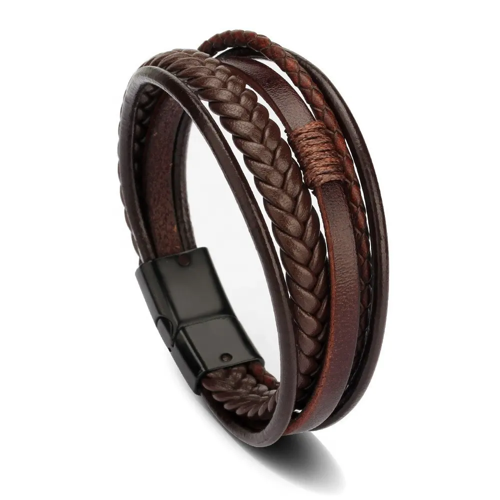 Fashion Style Multi-Layer Braided Leather Bracelets for Men Vintage Leather Wrist Band Brown Rope Bracelet