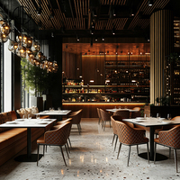Ensemble de mobilier commercial Ron Group : table ronde ou carrée en bois, chaises en cuir et banquette, solution personnalisée tout-en-un pour restaurant