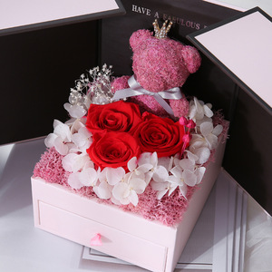 Caja de Joyería de Plástico de Doble Puerta DAMAI Bear Rose, Nuevo Diseño con Flor Eterna para Regalos de Collares en el Día de San Valentín y el Día de la Madre - Product Image 1