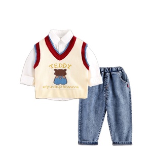 2023 abbigliamento autunnale e invernale per bambini camicia stile inglese per ragazzi + canotta maglione + Jeans 3 pezzi Set di abbigliamento per bambini - Product Image 2