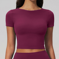Maßgeschneidertes Logo Slim Fitness Navel Bare Crop Top Einfarbig Hochelastisch Atmungsaktiv für Damen Workout Yoga T-Shirt Trainingskleidung