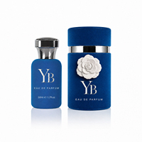 Flacon de parfum en verre floqué bleu de luxe personnalisé de 50 ml (1,7 oz), flacon en verre vaporisateur de 50 ml, logo et boîte personnalisés