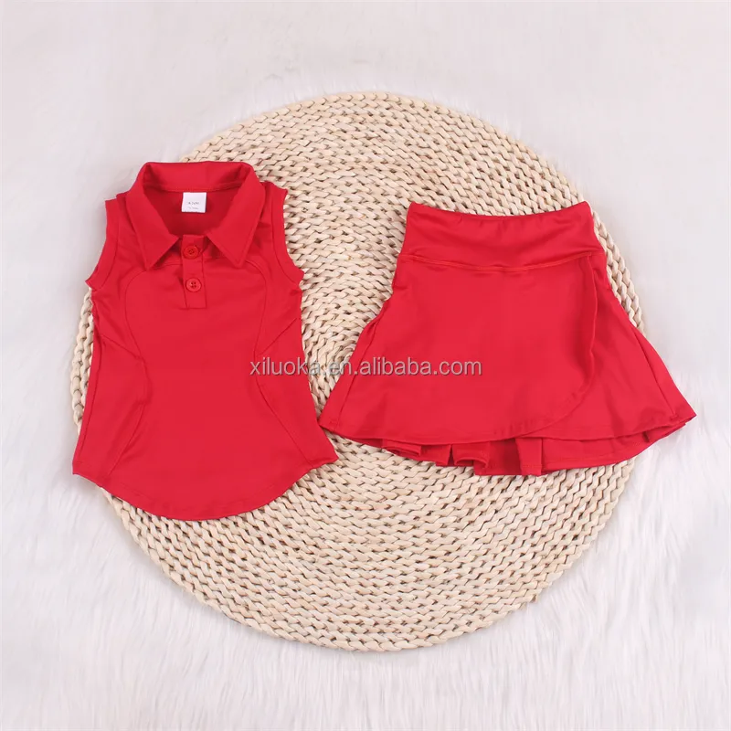 High Quality Red Girls Yoga Clothes Set Custom Design Tank Skirt With Short Set Fashion Athletic Tennis Sportswear