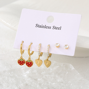 ต่างหูสแตนเลส - ส่งตรงจากยุโรปไปอเมริกา ประดับด้วยรูปหัวใจสตรอว์เบอร์รีและต่างหูทรงกลมประดับเพชรซิร์โคเนียม - Product Image 3