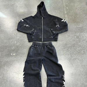 Benutzer definierte <span class=keywords><strong>Streetwear</strong></span> Sweatshirt Flares und Hoodie Sets Stone Acid Wash Schwarze Hoodie Sets Acid Wash Vintage Zip Sets Herren - Product Image 1