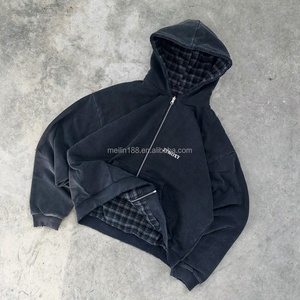 Sweat à capuche zippé personnalisé pour fabricants, effet délavé à l'acide, double couche, réversible, à carreaux, coupe courte et carrée, double face, veste zippée - Product Image 2