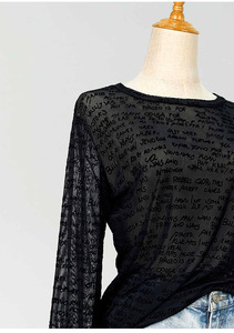 Versione floccata, maglietta a rete da donna, camicetta sottile con stampa di lettere, top trasparente traforato, t-shirt <span class=keywords><strong>nera</strong></span> a <span class=keywords><strong>maniche</strong></span> <span class=keywords><strong>lunghe</strong></span> - Product Image 4