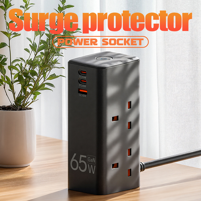 65W GaN Fast Charging Power Strip 1 USB-A 2 USB-C Ports 2m Cable Surge Protection Universal Multi-Plug Extension Cord for Home