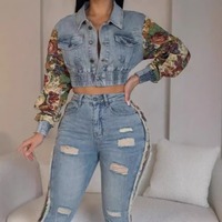 Nouvel ensemble 2 pièces en jean patchwork floral 2026 pour femme : veste courte vintage Y2K et jean déchiré
