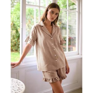 Womens Gingham <b>Pajamas</b> <b>Set</b> 2 Piece Cotton Short Sleeve Shirt With Ruffle Shorts Casual Sleepwear Lounge Wear - Product Image 2
