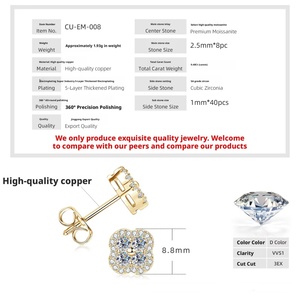 Pendientes de botón clásicos de trébol de cuatro hojas de moissanita VVS GRA de 2.5MM con engaste pavé, chapados en oro de 14K sobre cobre fino, que no se deslustran - Product Image 6