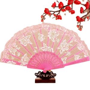 Hot Sale Fashion Foldable Lace <b>Edge</b> Rose PP Hot Stamping <b>Plastic</b> Bone Hand Fan 23x42.5cm Custom Tags for Wedding Gift - Product Image 4