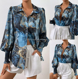 Camisa de manga larga de satén barata de alta calidad para mujer, decoración bordada, botón frontal, estampado informal, abertura lateral, cuello vuelto - Product Image 2