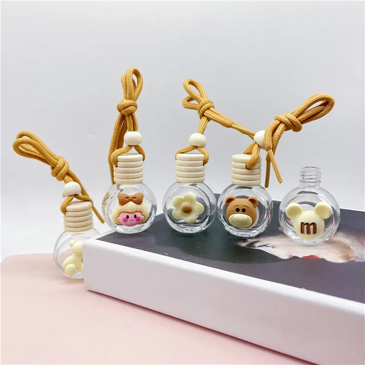 Mini 10ml round shape glass hanging wooden screw caps car perfume bottles