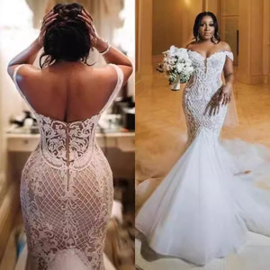 Off The Shoulder Mermaid Wedding Dress Lace Applique Backless Fishtail White Bridal Gown Sweetheart Neckline Natural Waist - Product Image 3